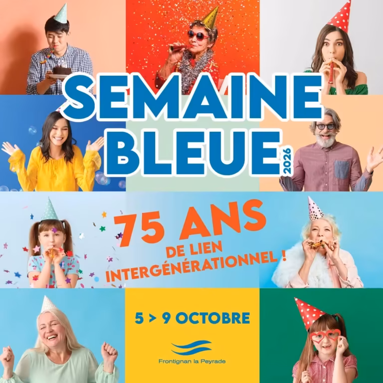 Affiche de la Semaine Bleue 2026 à Frontignan la Peyrade, 75 ans de lien intergénérationnel, du 5 au 9 octobre