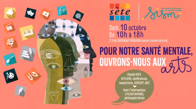 Affiche des Semaines d'information sur la santé mentale 2026 à Sète, « Pour notre santé mentale, ouvrons-nous aux arts »