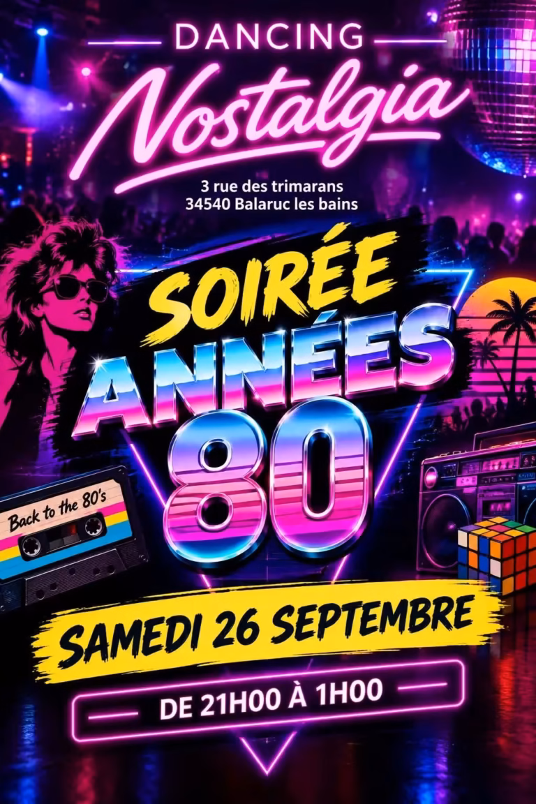 Affiche de la soirée années 80 au dancing Nostalgia de Balaruc-les-Bains, samedi 26 septembre 2026