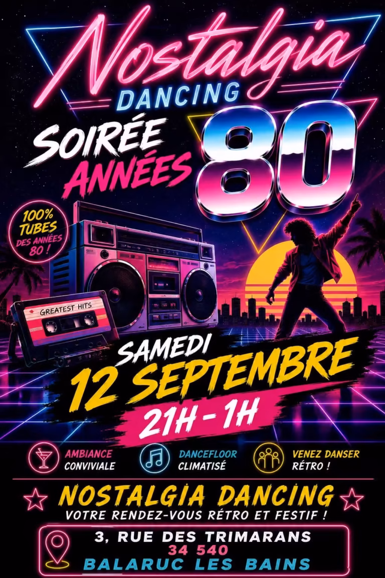 Affiche de la soirée années 80 au Nostalgia Dancing de Balaruc-les-Bains le 12 septembre