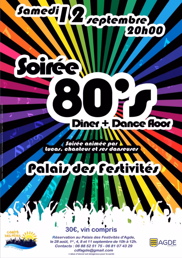 Affiche de la soirée années 80 du Comité des Fêtes au Palais des Festivités d'Agde le 12 septembre