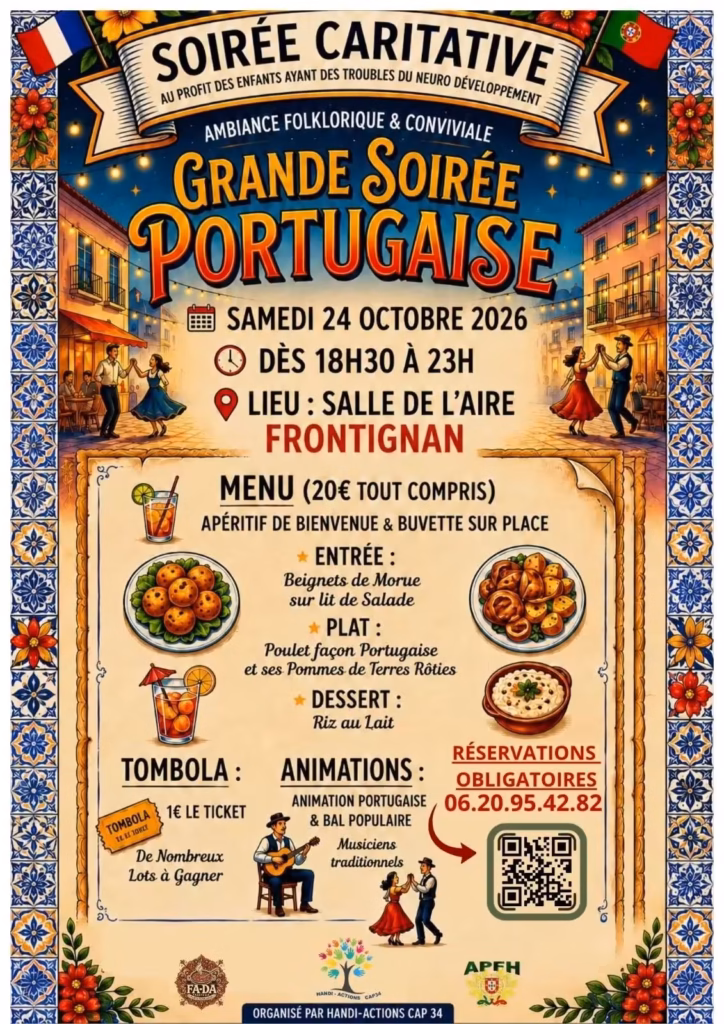 Affiche de la grande soirée portugaise caritative de Handi-Actions Cap 34 à la salle de l'Aire de Frontignan