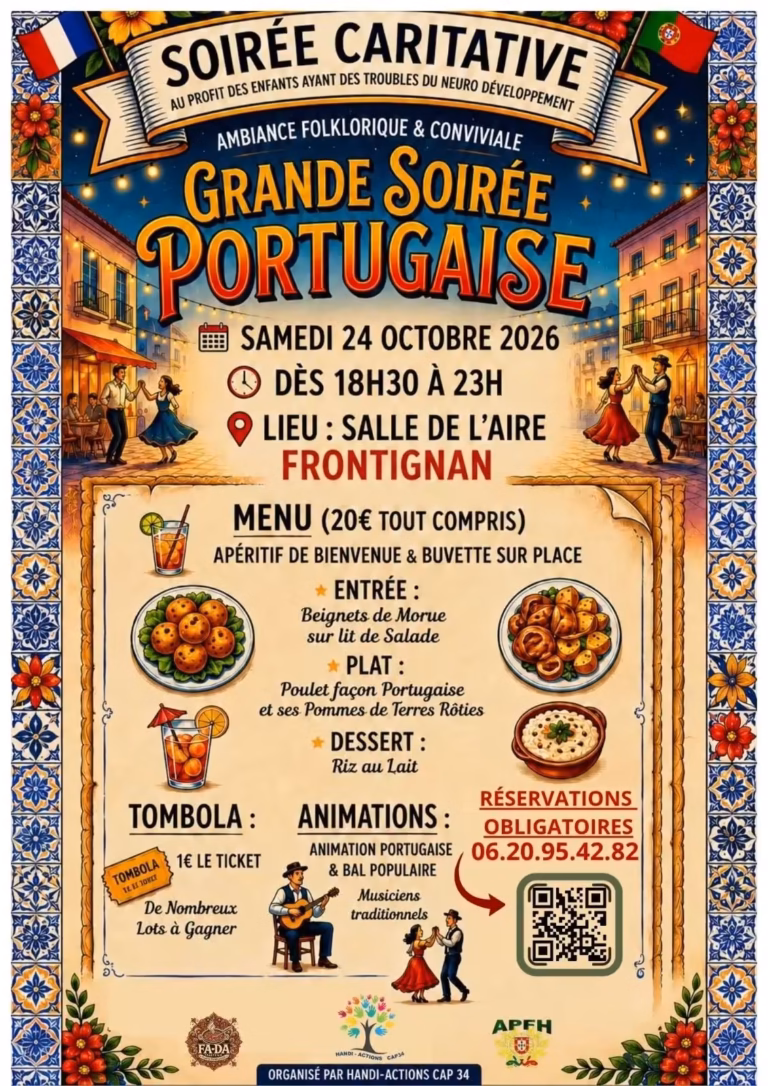 Affiche de la grande soirée portugaise caritative de Handi-Actions Cap 34 à la salle de l'Aire de Frontignan