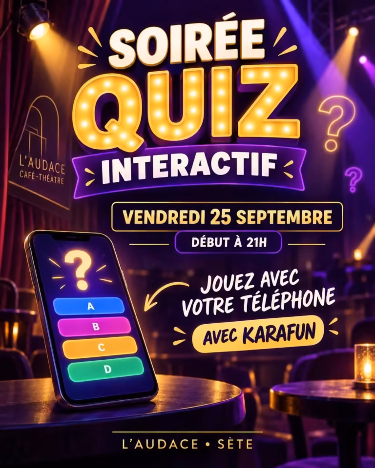 Affiche de la soirée quiz interactif à L'Audace Café-Théâtre à Sète, vendredi 25 septembre 2026 à 21h