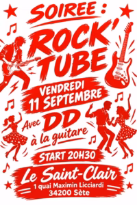 Affiche de la soirée Rock'Tube au Saint-Clair à Sète, vendredi 11 septembre 2026, avec DD à la guitare