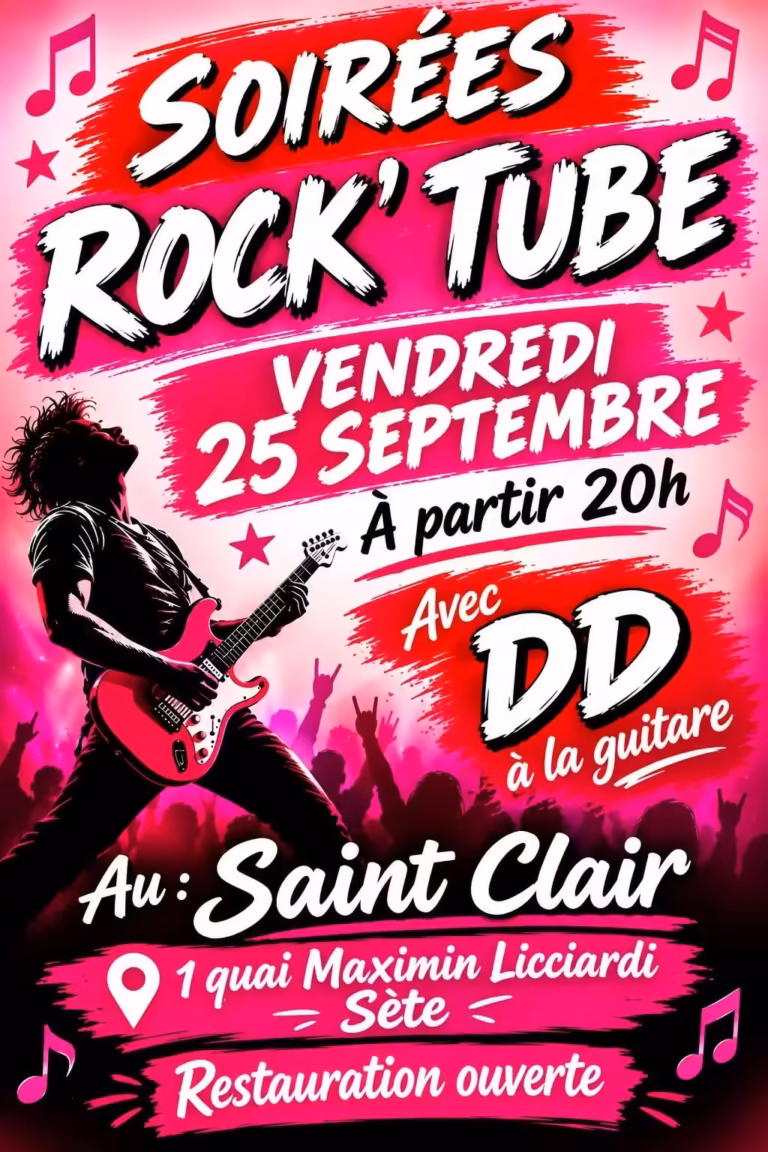 Affiche de la soirée Rock'Tube avec DD à la guitare au café Le Saint Clair à Sète