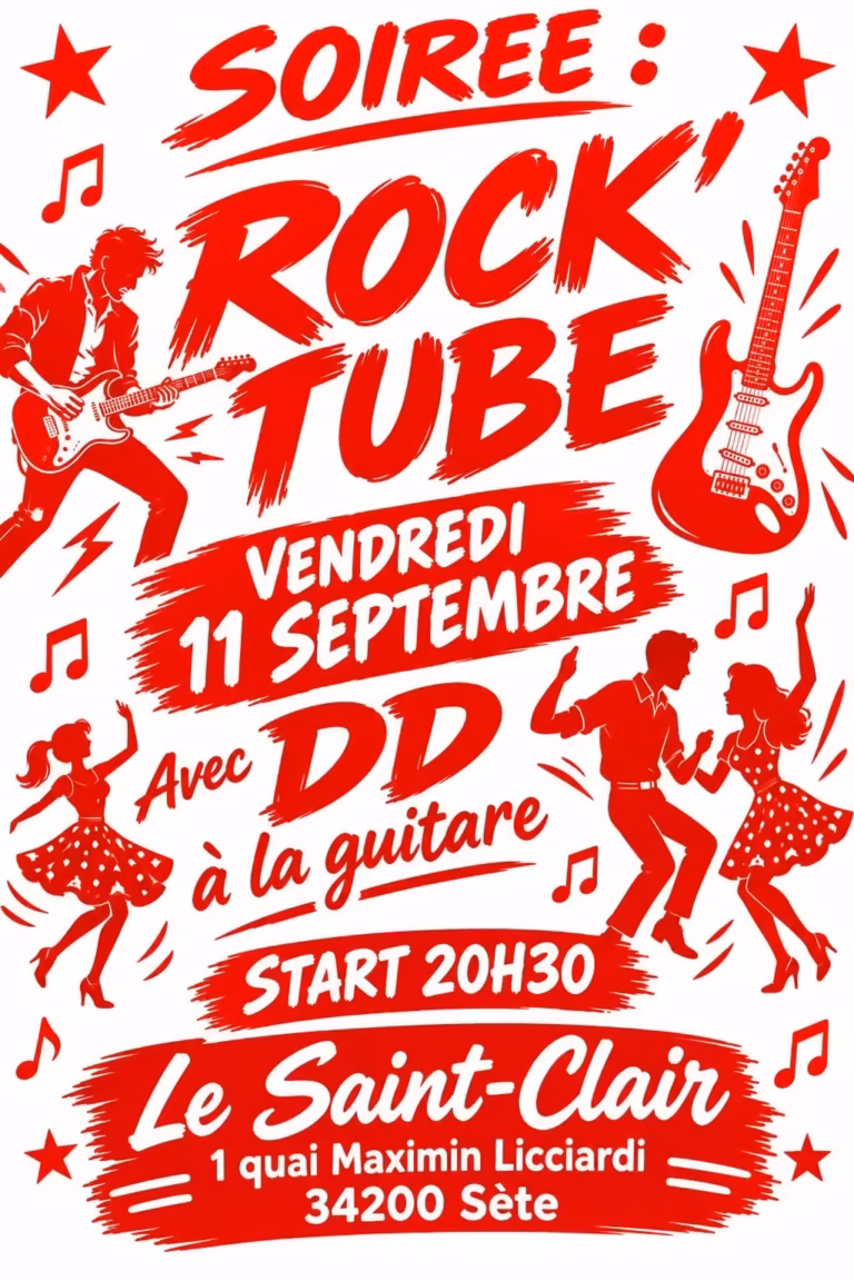 Affiche de la soirée Rock'Tube au Saint-Clair à Sète, vendredi 11 septembre 2026, avec DD à la guitare