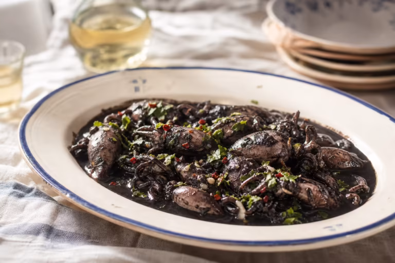 Supions à l'encre en sauce noire persillée sur plat de faïence ancienne