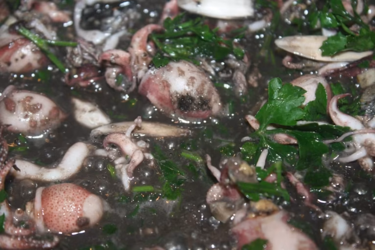 Gros plan sur les supions dans la sauce à l'encre, persil frais et os blancs