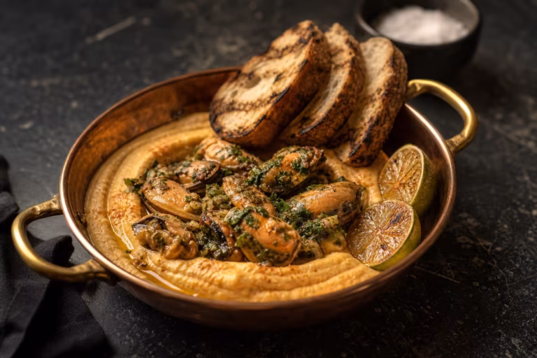 Tapas de moules epicees au gingembre posees sur un houmous de lentilles corail
