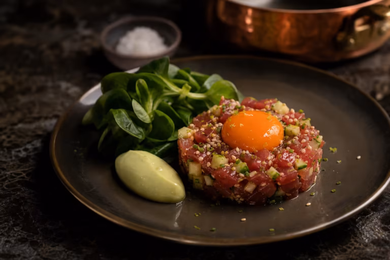 Tartare de thon rouge a l asiatique, concombre, sesame et jaune d oeuf marine