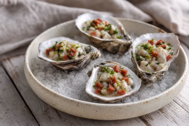 Tartare d'huîtres au chorizo et à l'ail servi dans ses coquilles sur gros sel
