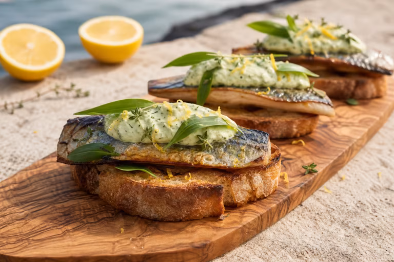 Tartines de pain grille au maquereau et mayonnaise a l'ail des ours