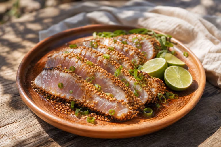Tataki de dorade grise en croute de sesame tranche, marinade soja miel et cebette