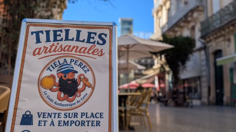 Chevalet Tielles artisanales Tiéla Pérez avec pieuvre barbue, rue Alsace-Lorraine à Sète