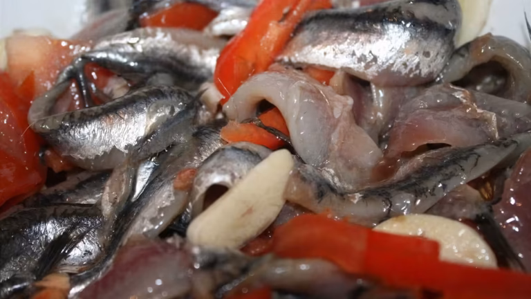 Gros plan sur la garniture d'anchois, tomates et piment mélangés