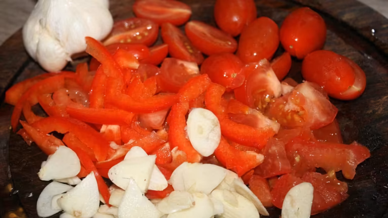 Tomates, ail et piment coupés en préparation pour la tielle