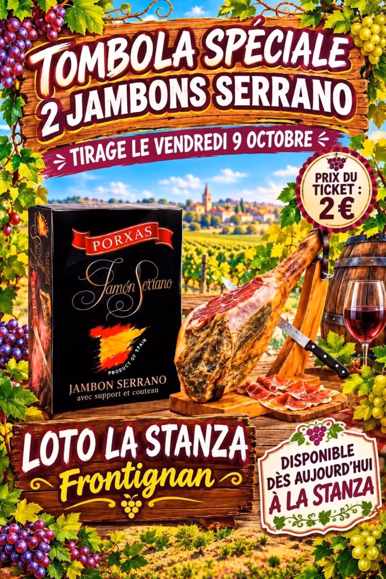 Affiche de la tombola spéciale deux jambons Serrano du loto La Stanza à Frontignan