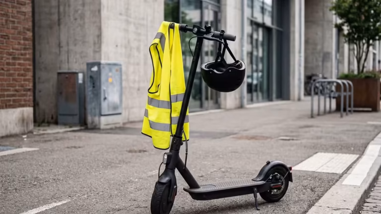 Trottinette électrique avec casque et gilet rétro-réfléchissant accrochés au guidon, désormais obligatoires dans l'Hérault