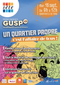 Affiche Un quartier propre, opération de nettoyage GUSP à l'Île de Thau à Sète le 16 septembre