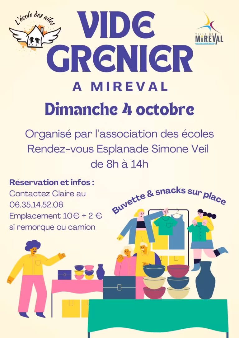 Affiche du vide-grenier de L'École des Ailes à Mireval, esplanade Simone Veil le 4 octobre 2026