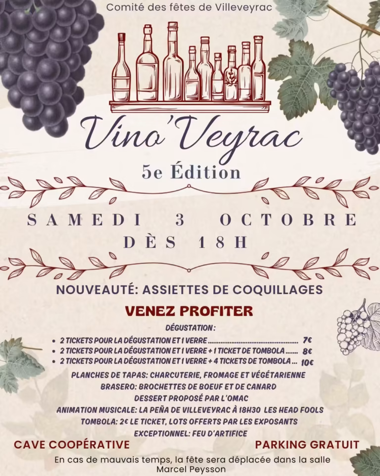 Affiche de Vino'Veyrac 2026, 5e édition de la fête du vin de Villeveyrac, samedi 3 octobre à la cave coopérative