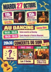 Programme du mardi 27 octobre 2026 : Jacques Barthès, LiéVaux, Les 3 Oncles, Diego la Honda au festival Brassens