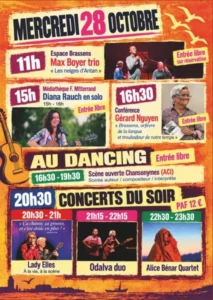 Programme du mercredi 28 octobre 2026 : Max Boyer trio, Gérard Nguyen, Lady Elles, Odalva duo, Alice Bénar