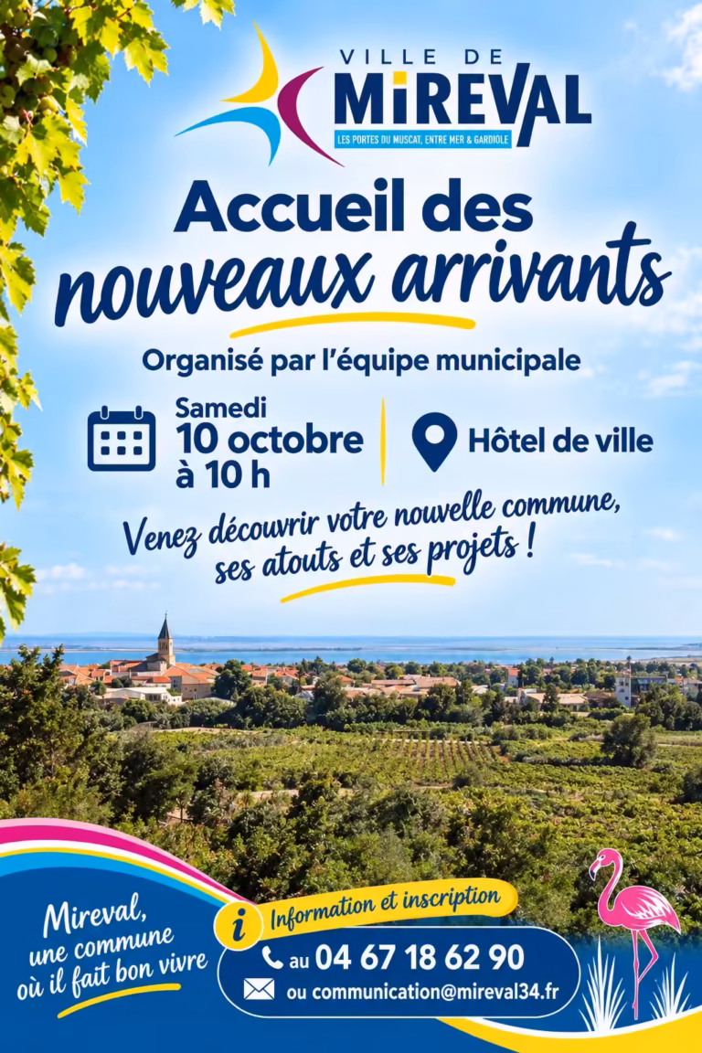 Affiche de l'accueil des nouveaux arrivants à Mireval, samedi 10 octobre à l'hôtel de ville