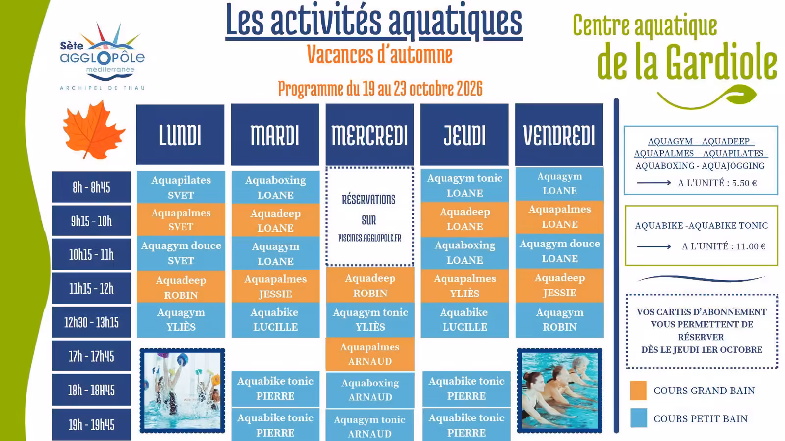 Stages de natation des vacances d'automne : inscriptions à Sète et Gigean - activites aquatiques centre aquatique gardiole 19 23 octobre 2026 Planning des activités aquatiques du 19 au 23 octobre 2026 au centre aquatique de la Gardiole à Gigean