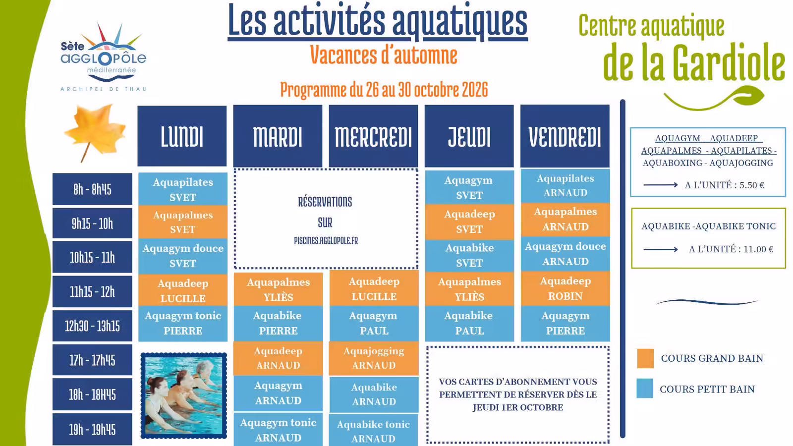 Stages de natation des vacances d'automne : inscriptions à Sète et Gigean - activites aquatiques centre aquatique gardiole 26 30 octobre 2026 Planning des activités aquatiques du 26 au 30 octobre 2026 au centre aquatique de la Gardiole à Gigean