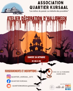 Affiche de l'atelier décoration d'Halloween de l'association Quartier Kursaal à Sète, samedi 24 octobre de 15h à 19h
