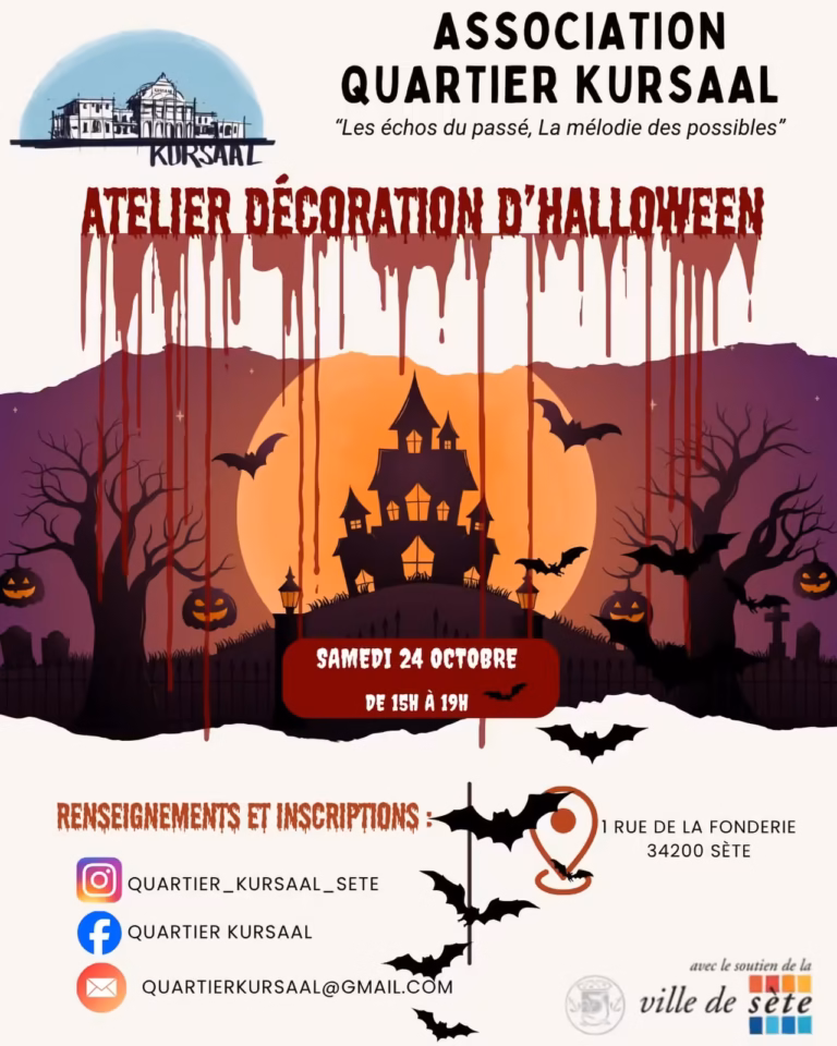 Affiche de l'atelier décoration d'Halloween de l'association Quartier Kursaal à Sète, samedi 24 octobre de 15h à 19h