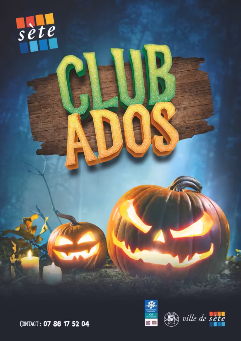 Affiche du Club Ados de la Ville de Sète pour les vacances de la Toussaint 2026, avec des citrouilles d'Halloween