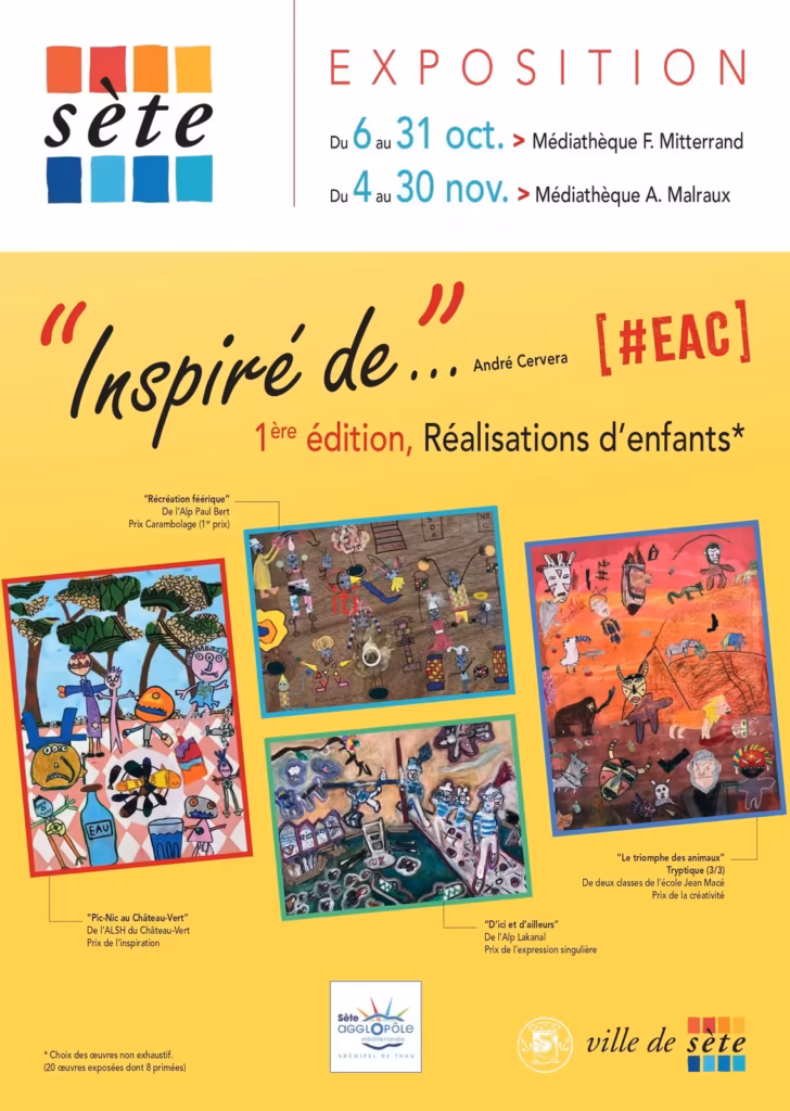 Affiche de l'exposition « Inspiré de… André Cervera », réalisations d'enfants dans les médiathèques de Sète