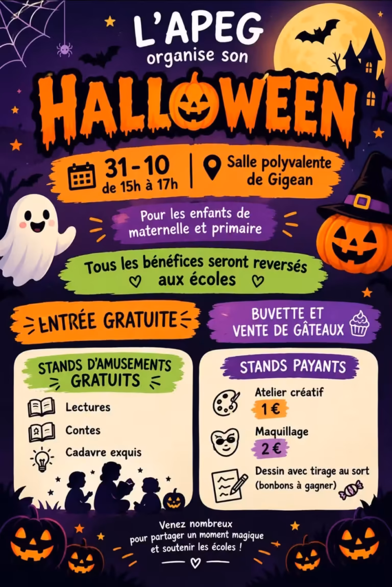 Affiche de la fête d'Halloween 2026 de l'APEG à la salle polyvalente de Gigean