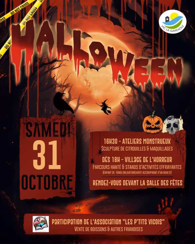 Affiche de l'Halloween 2026 à Vic-la-Gardiole, samedi 31 octobre : ateliers monstrueux et village de l'horreur
