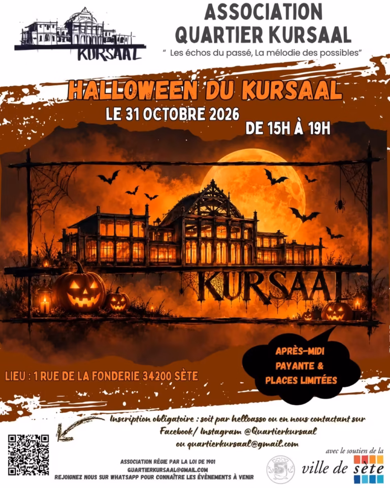 Affiche du Halloween du Kursaal 2026 à Sète, samedi 31 octobre de 15h à 19h, avec chasse aux bonbons