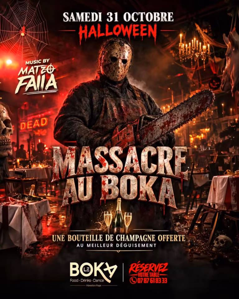 Affiche de la soirée Halloween Massacre au Boka, samedi 31 octobre à Marseillan-Plage, avec un personnage masqué tenant une tronçonneuse