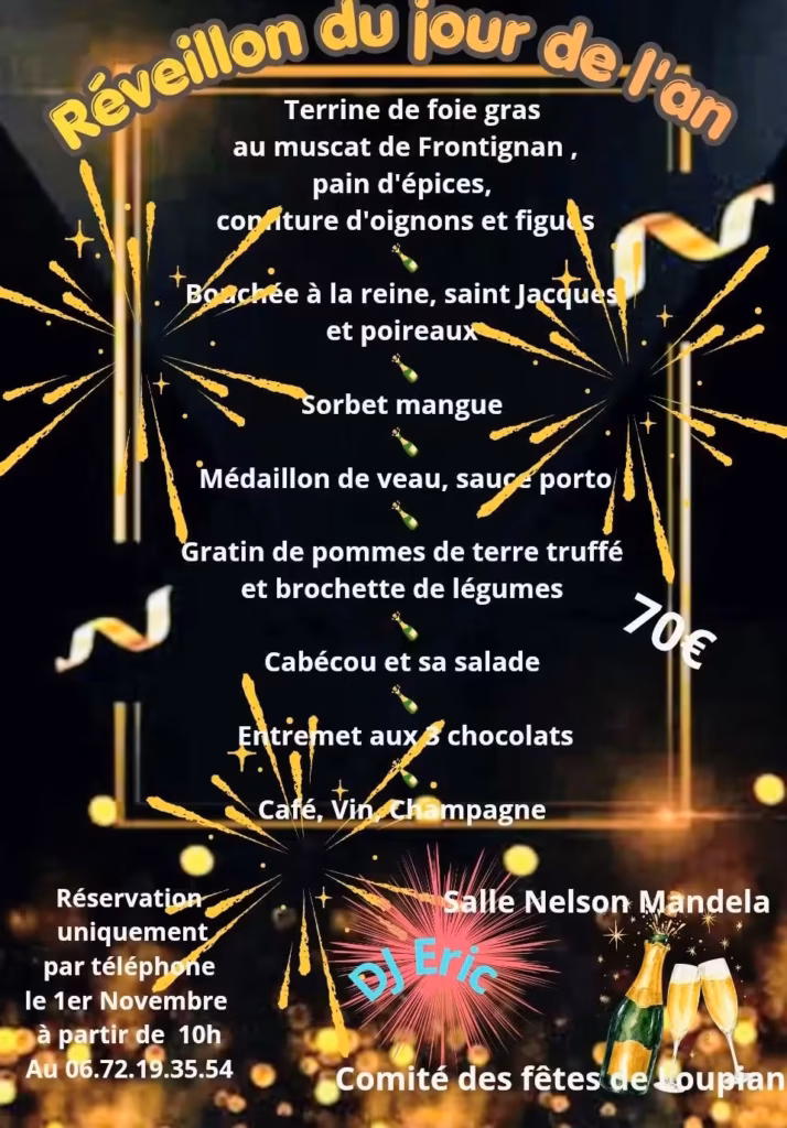 Affiche du Réveillon du jour de l'an 2026-2027 à Loupian, salle Nelson Mandela, avec le menu, DJ Eric et le Comité des fêtes de Loupian