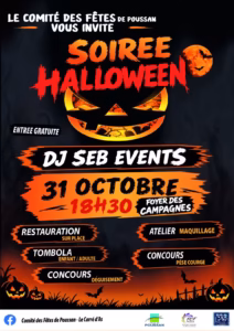 Affiche de la soirée Halloween du Comité des fêtes de Poussan, le 31 octobre à 18h30 au Foyer des Campagnes, avec DJ Seb Events