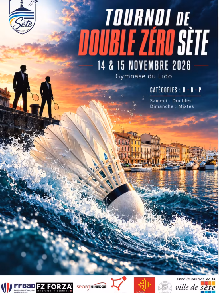 Affiche du 3e Tournoi de Double Zéro Sète, badminton, les 14 et 15 novembre 2026 au gymnase du Lido