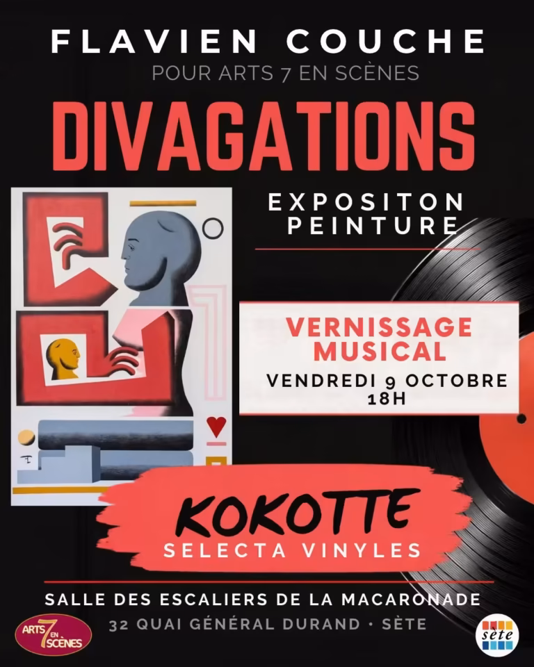 Affiche du vernissage musical de l'exposition de peinture Divagations de Flavien Couche, vendredi 9 octobre à 18h à la Salle des escaliers de la Macaronade à Sète, avec Kokotte, selecta vinyles