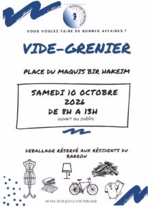 Affiche du vide-grenier du Barrou à Sète, place du Maquis Bir Hakeim