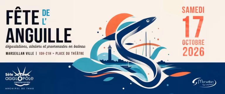 Bannière de la Fête de l'anguille 2026 à Marseillan : dégustations, ateliers et promenades en bateau