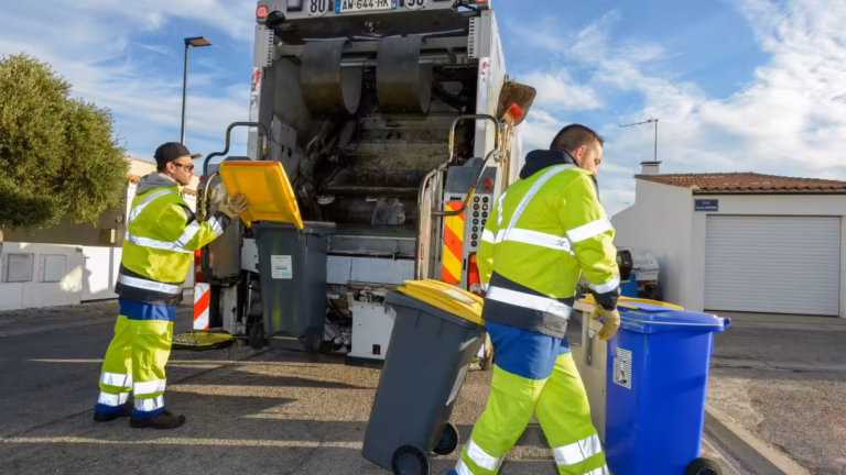 Deux agents de collecte en tenue haute visibilité vident des bacs gris et bleu dans une rue pavillonnaire, derrière un camion-benne