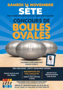 Affiche du concours de boules ovales du samedi 14 novembre 2026 au boulodrome Louis Molle à Sète