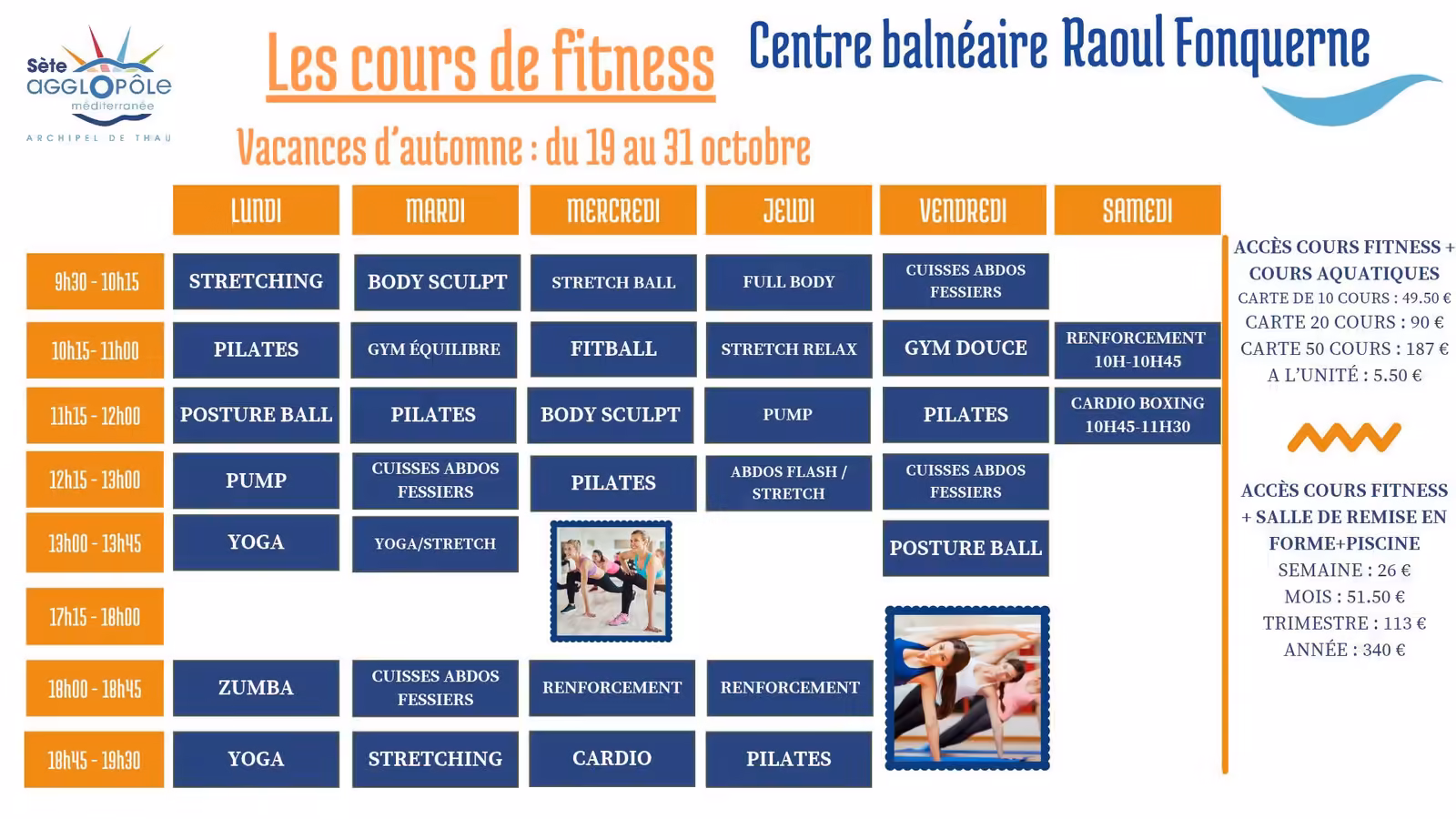 Stages de natation des vacances d'automne : inscriptions à Sète et Gigean - cours fitness centre balneaire raoul fonquerne vacances automne 2026 Planning des cours de fitness du centre balnéaire Raoul Fonquerne pendant les vacances d'automne 2026, du 19 au 31 octobre