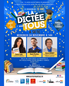 Affiche de la Dictée pour tous 2026 à Sète, salle La Passerelle, avec Sonia Salhi, Demi-Portion et Manon Barbet