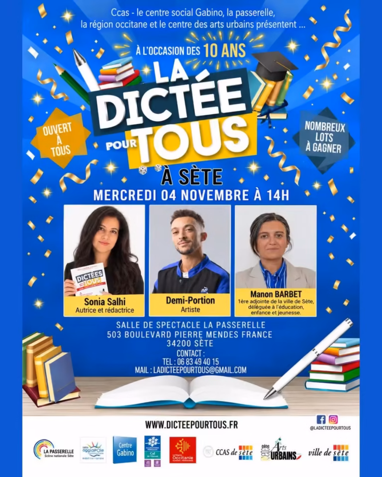 Affiche de la Dictée pour tous 2026 à Sète, salle La Passerelle, avec Sonia Salhi, Demi-Portion et Manon Barbet